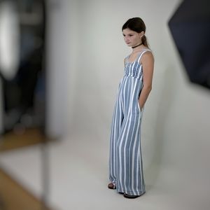 Girls Wide Leg Stripes Summer Jumpsuit Overall Blue White Size 10 NWOT